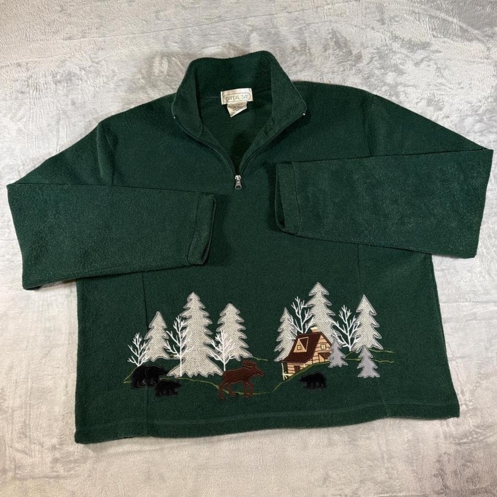 90s Vintage Mandal Bay Woodland Cabin Embroidered Fleece | Moose & Bears |‎ XL